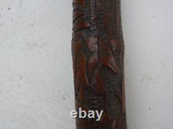 Canne ancienne en bambou sculpté oiseaux
