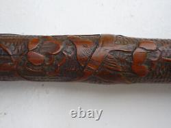 Canne ancienne en bambou sculpté oiseaux
