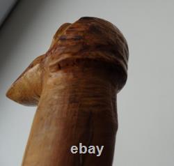 Canne ancienne en bois visage religieux grotesque ART POPULAIRE 91 cm