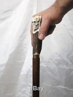 Canne de marche, bâton bois cerf tête de mort artiste France cane walking stick