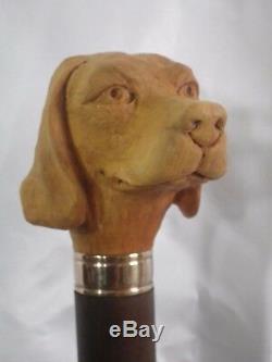 Canne de marche bâton tête chien sculptée artiste Français walking Knob cane