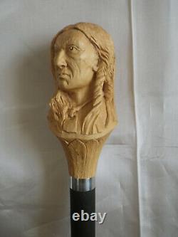 Canne de marche bâton tête d'indien sculpté artiste Français stick cane