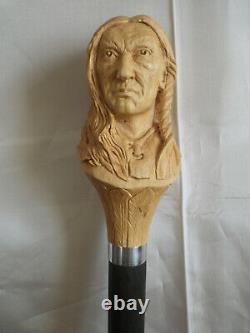 Canne de marche bâton tête d'indien sculpté artiste Français stick cane