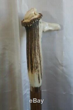 Canne marche pommeau en bois de cerf bâton tête & crapaud sculptée en France