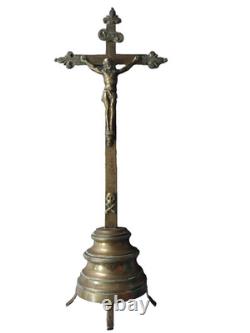 Crucifix Christ Croix en Laiton à Support Tripode XVIIIIeme