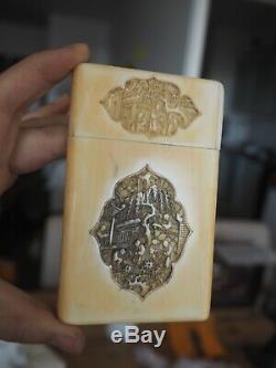 Etui Porte Carte Sculpté Chinois Ancien Canton Os Old Chinese Carved Card Case