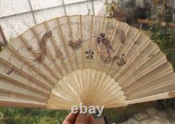 Eventail Soie Broderie Chinois Antique Export Chinese Embroidered Silk Bone Fan