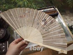 Eventail Soie Broderie Chinois Antique Export Chinese Embroidered Silk Bone Fan