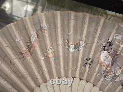 Eventail Soie Broderie Chinois Antique Export Chinese Embroidered Silk Bone Fan