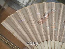 Eventail Soie Broderie Chinois Antique Export Chinese Embroidered Silk Bone Fan