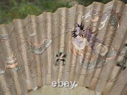 Eventail Soie Broderie Chinois Antique Export Chinese Embroidered Silk Bone Fan