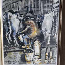 Gouache thème rural dans cadre bois doré ancien