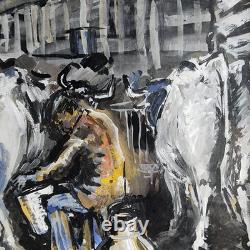 Gouache thème rural dans cadre bois doré ancien
