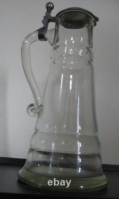 Grand pichet couvert en verre soufflé 19ème verre ancien légérement bullé