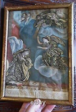Gravure XVIIIe Habillée soie brochée peinte à l'Aquarelle, Travail de Couvent