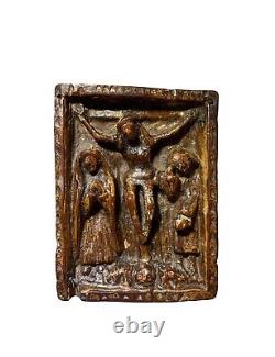 Haute époque plaque de dévotion baiser de paix Crucifixion en bois sculpté doré