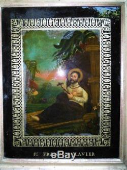 Holy Peinture Religieuse XIX ème Siècle Fixé-sous-Verre Saint-François Xavier