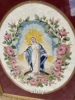 Immaculée Conception Vierge Marie Napoléon 3 Broderie Encadrée 96X78 Bel État