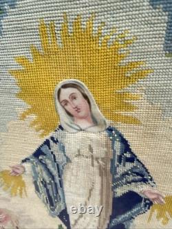 Immaculée Conception Vierge Marie Napoléon 3 Broderie Encadrée 96X78 Bel État