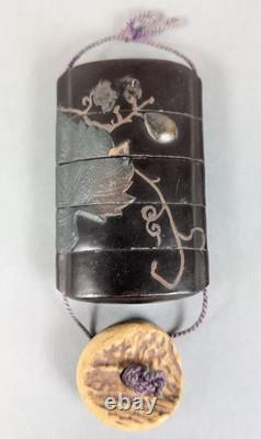 Inro Boîte Médical Japon Antique Bois Laque decors naturaliste avec ojime cerf