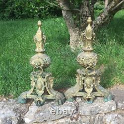 Lot de 2 Anciens Chenet de cheminée en Bronze tête de lion à l'anneau