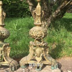 Lot de 2 Anciens Chenet de cheminée en Bronze tête de lion à l'anneau