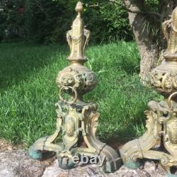 Lot de 2 Anciens Chenet de cheminée en Bronze tête de lion à l'anneau