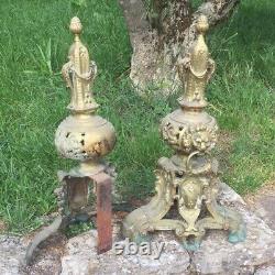 Lot de 2 Anciens Chenet de cheminée en Bronze tête de lion à l'anneau