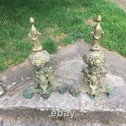 Lot de 2 Anciens Chenet de cheminée en Bronze tête de lion à l'anneau