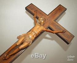 Magnifique grand christ en buis sculpté 19ème croix en loupe religion