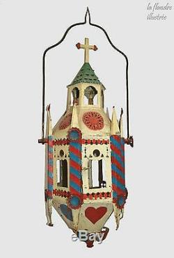 Magnifique lanterne de procession polychrome 19ème outil ancien