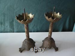 Magnifique paire de pique cierge d eglise laiton bronze xix ems avec ornements