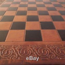 N1993 plateau jeu échec dame fait main handmade chess game tray LUDO CUIR France