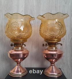 Ouraline Paire de Lampe pétrole cuivre Art Déco Oil Lamp Uranium Glass Vaseline