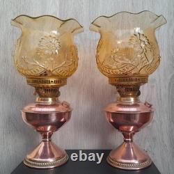 Ouraline Paire de Lampe pétrole cuivre Art Déco Oil Lamp Uranium Glass Vaseline