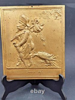 PLAQUE XIXéme Satirique BRONZE Doré Caricature NAPOLEON III déchu 26x22cm 1,3kg