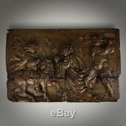 Panneau en chêne sculpté Scène de décapitation XVIIe Haute Époque Bois 17e