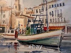 Peinture Aquarelle Saint Tropez 30x24 cm Signé Pelletier Expressionnisme