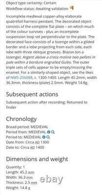 Pendant de harnais héraldique médiéval émaillé croix hermine haute époque