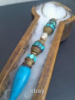 Pendentif Oreille Tibet Turquoise Laiton doré Nacre Earring Tibetan Lhassa Sochi