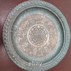 Persian Kadjar Tray in Chiseled Brass with Hunting Scene