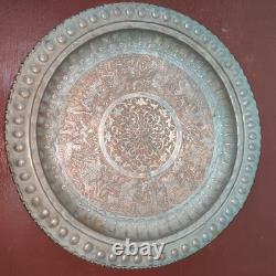 Persian Kadjar Tray in Chiseled Brass with Hunting Scene