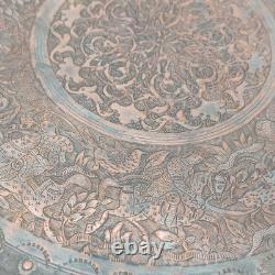 Persian Kadjar Tray in Chiseled Brass with Hunting Scene