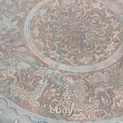 Persian Kadjar Tray in Chiseled Brass with Hunting Scene