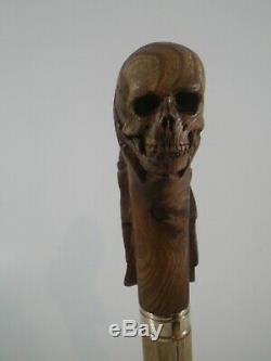 Pommeau de canne en bois d'orme tête de mort marche bâton sculptée en France