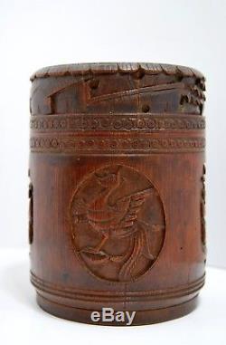 Pot Vietnam Chine bambou sculpté bitong paintbrush chinese pot signé SAÏGON 1874