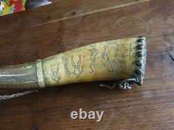 RARE 19th antique powder horn superbe corne à poudre XIXe Sculptée 1854