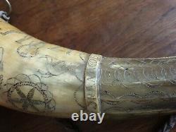 RARE 19th antique powder horn superbe corne à poudre XIXe Sculptée 1854