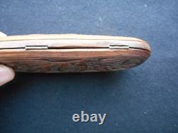 RARE ETUI A LUNETTES fin XVIII e DÉBUT XIX e BOIS SCULPTE ART POPULAIRE 13,5 cm