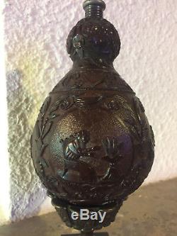 Rare Noix De Coco Sculpte Poire A Poudre XVIII Decor 4 Saisons